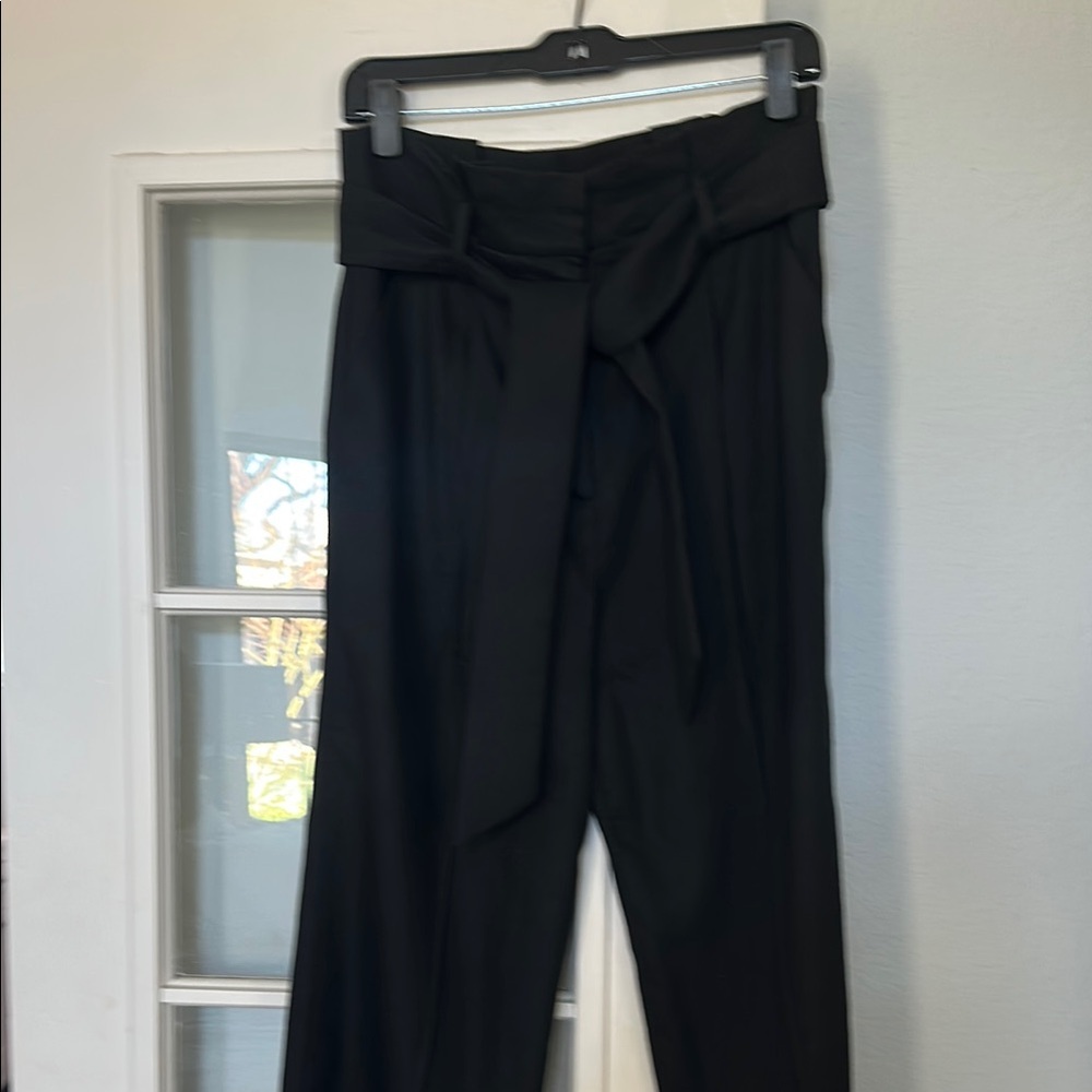 Black Veronica Beard Wide-Leg Trousers with self belt.